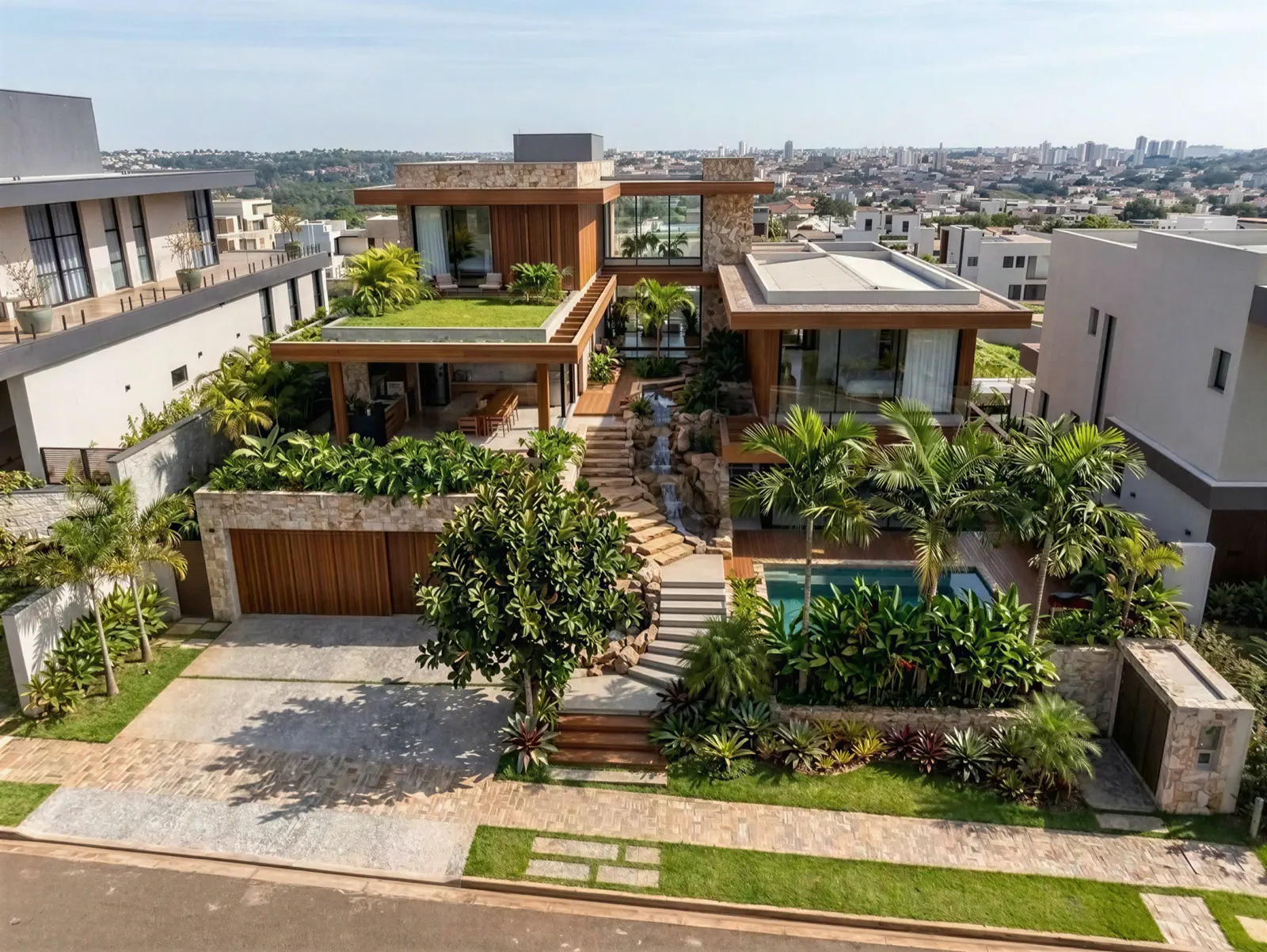 Casa pronta vista de cima, com cobertura verde, madeira e cascata na escadaria