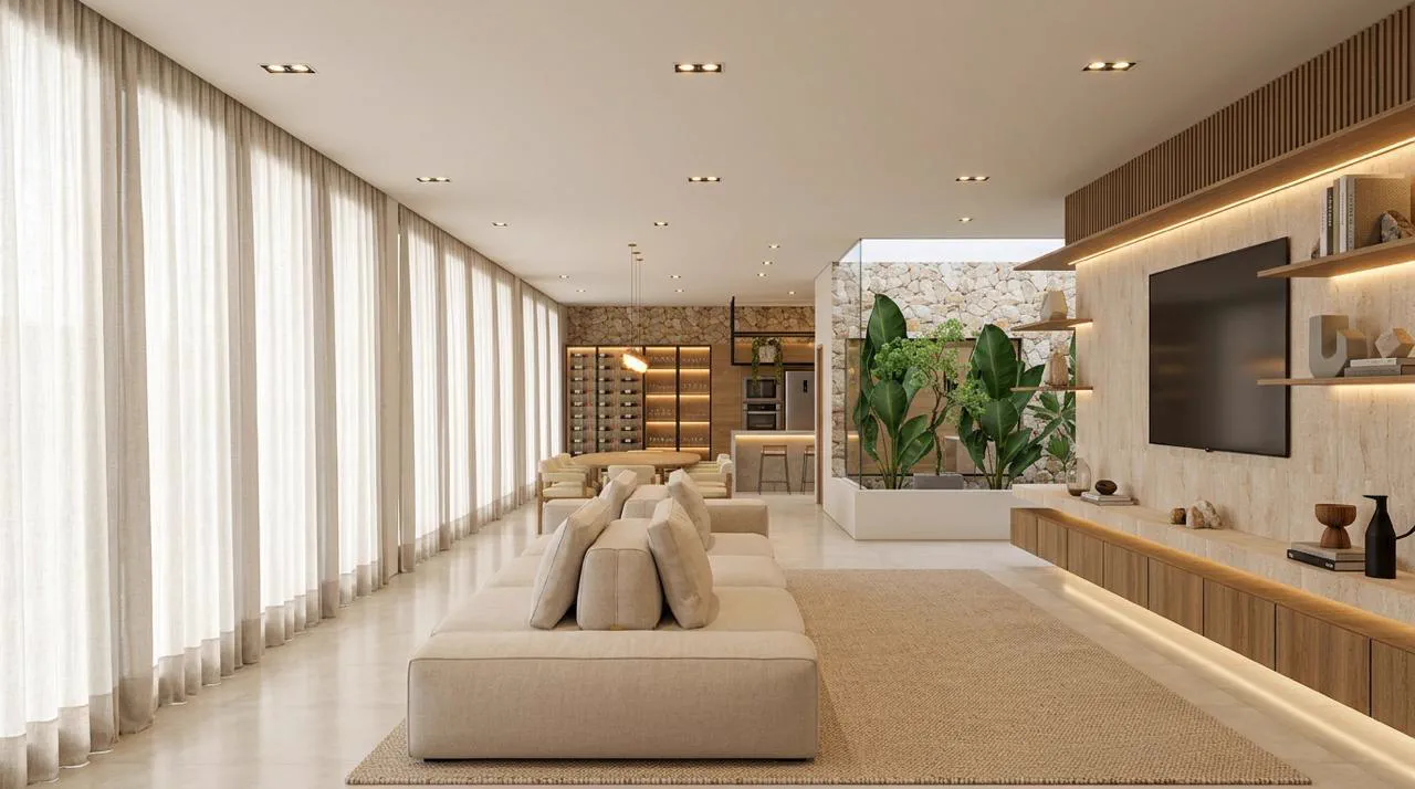 Sala ampla com cortinas de linho, sofá claro e jardim interno de pedra