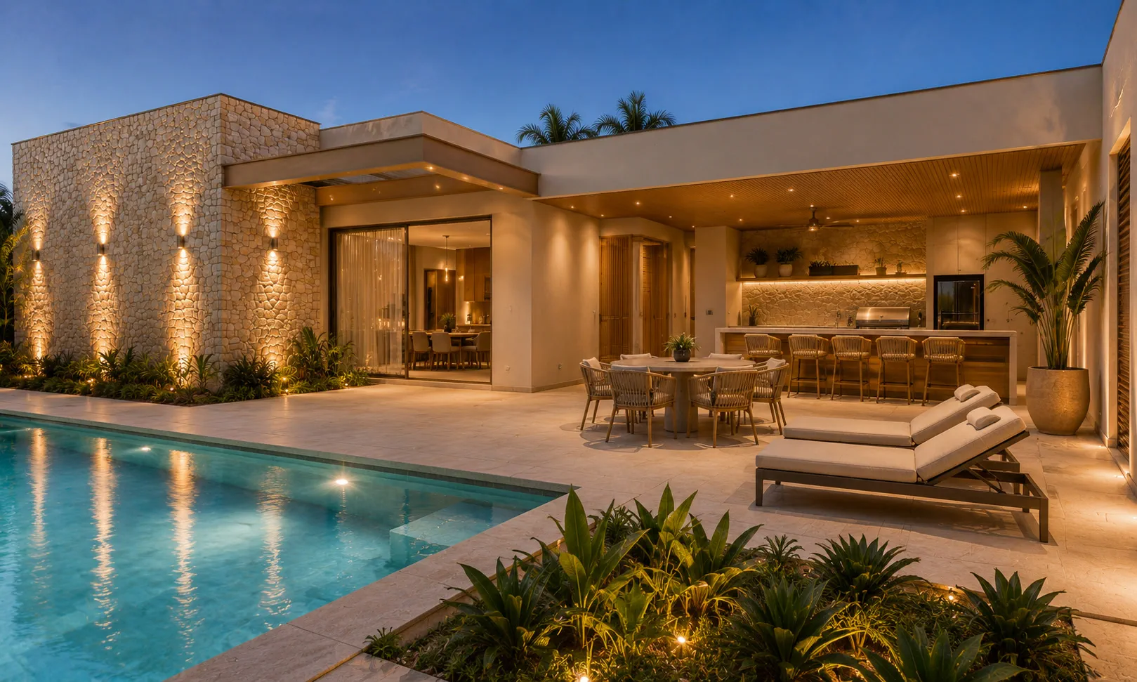 Piscina e varanda gourmet ao entardecer, com parede de pedra iluminada