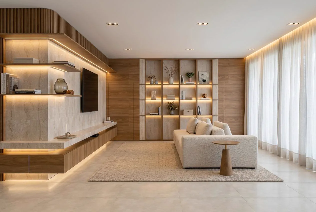 Painel de TV em travertino com estantes iluminadas e sofá de bouclê